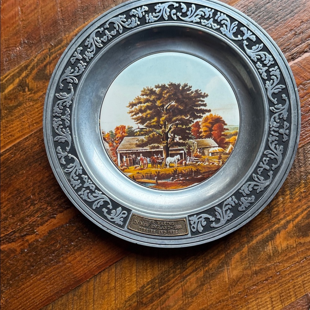 Decorative Currier and Ives Pewter Plate with Rustic Scene